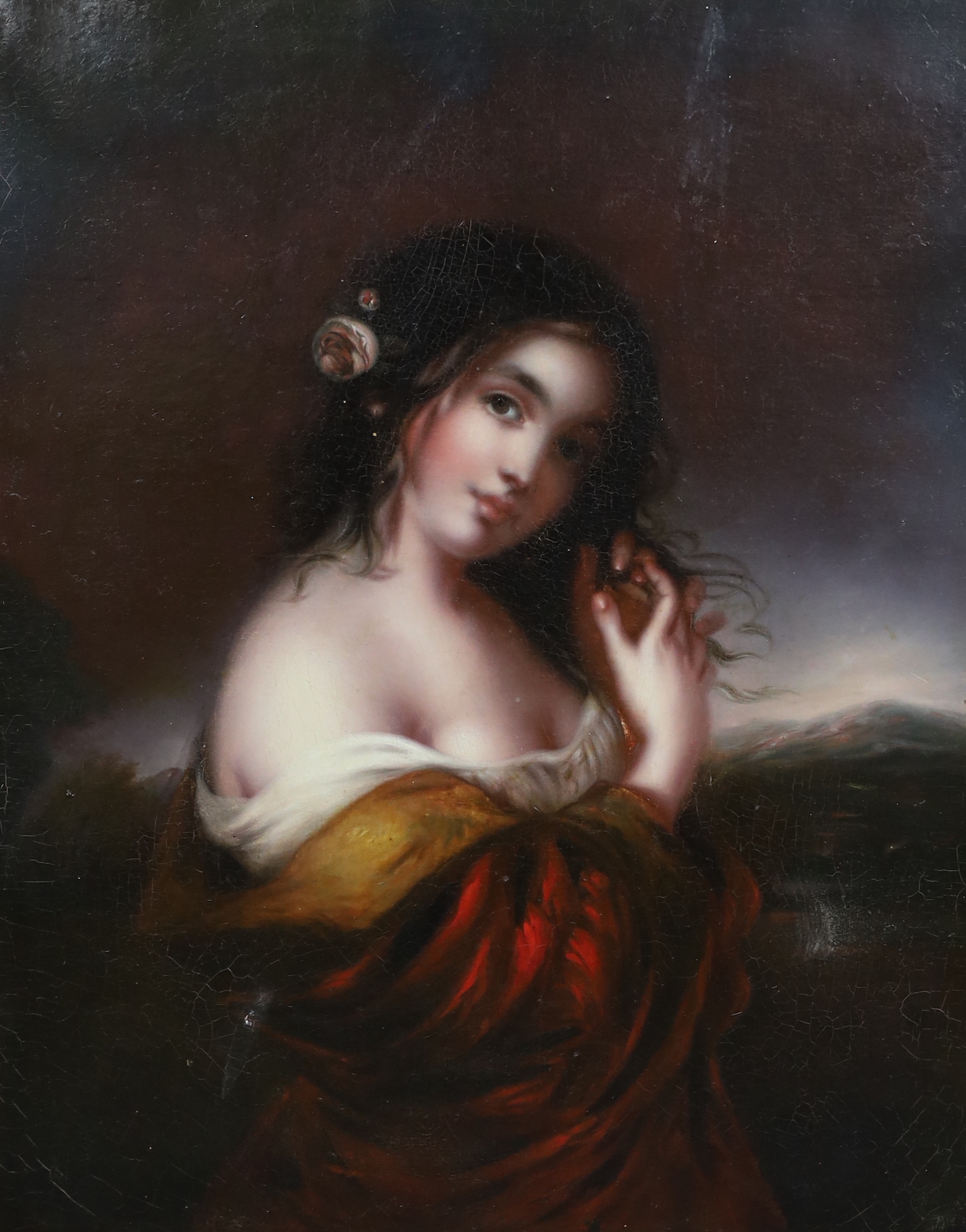 19th century Italian School, Portrait of a young woman standing in a landscape, oil on canvas, 66 x 52cm
